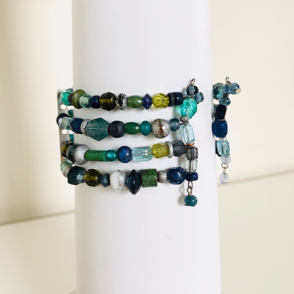 Beaded Flexible Cuff Bracelet with Blue & Green Multicolored Beads - Picture 7 of 8